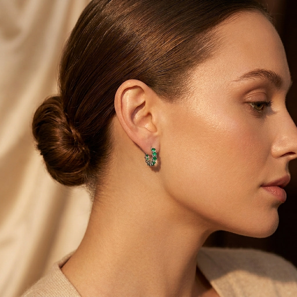 Gold Emerald Lattice Hoop Earrings