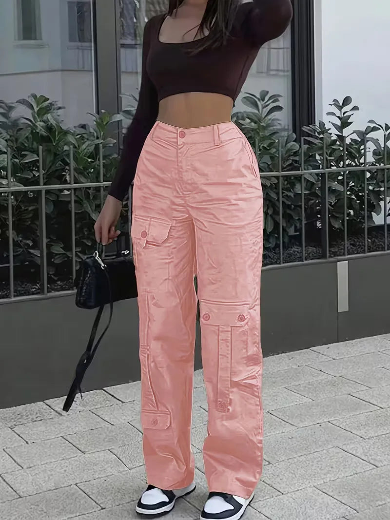 Women's Winter Cargo Pants, High Waist and Button Details