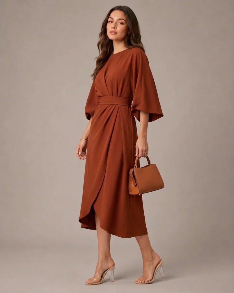 Women's Fitted Maxi Dress with Lace-Up Waist and Three-Quarter Sleeves