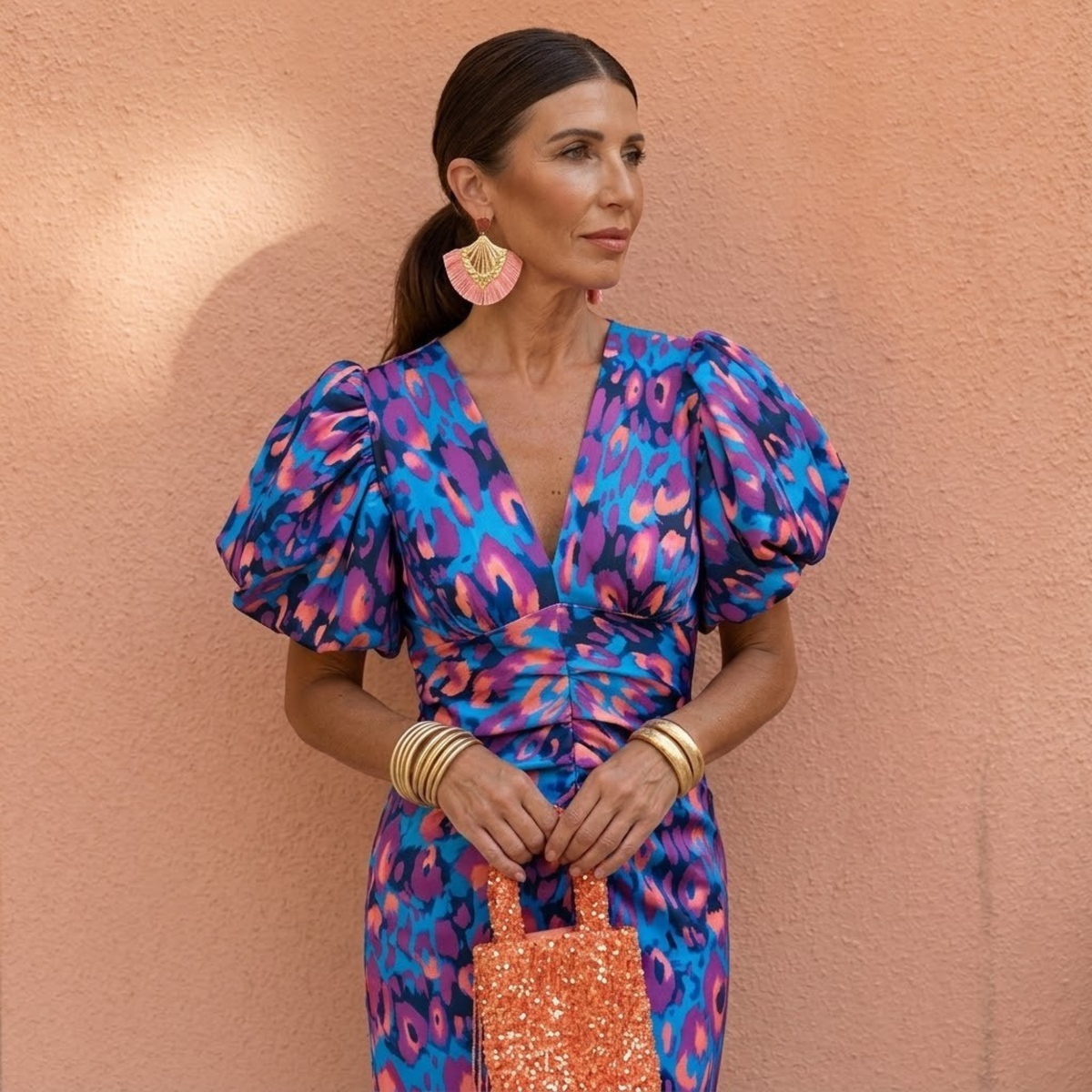 Women's Spring V-Neck Puff-Sleeve Dress