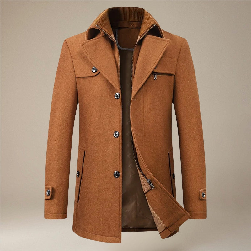 Men's Winter Long Coat, Double Collar and Button Front