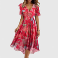 Abito midi floreale da donna con scollo a V