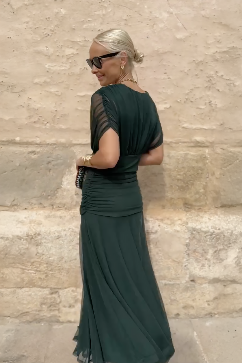 Long women's dress with wrapped pleated neckline, fluid fabric