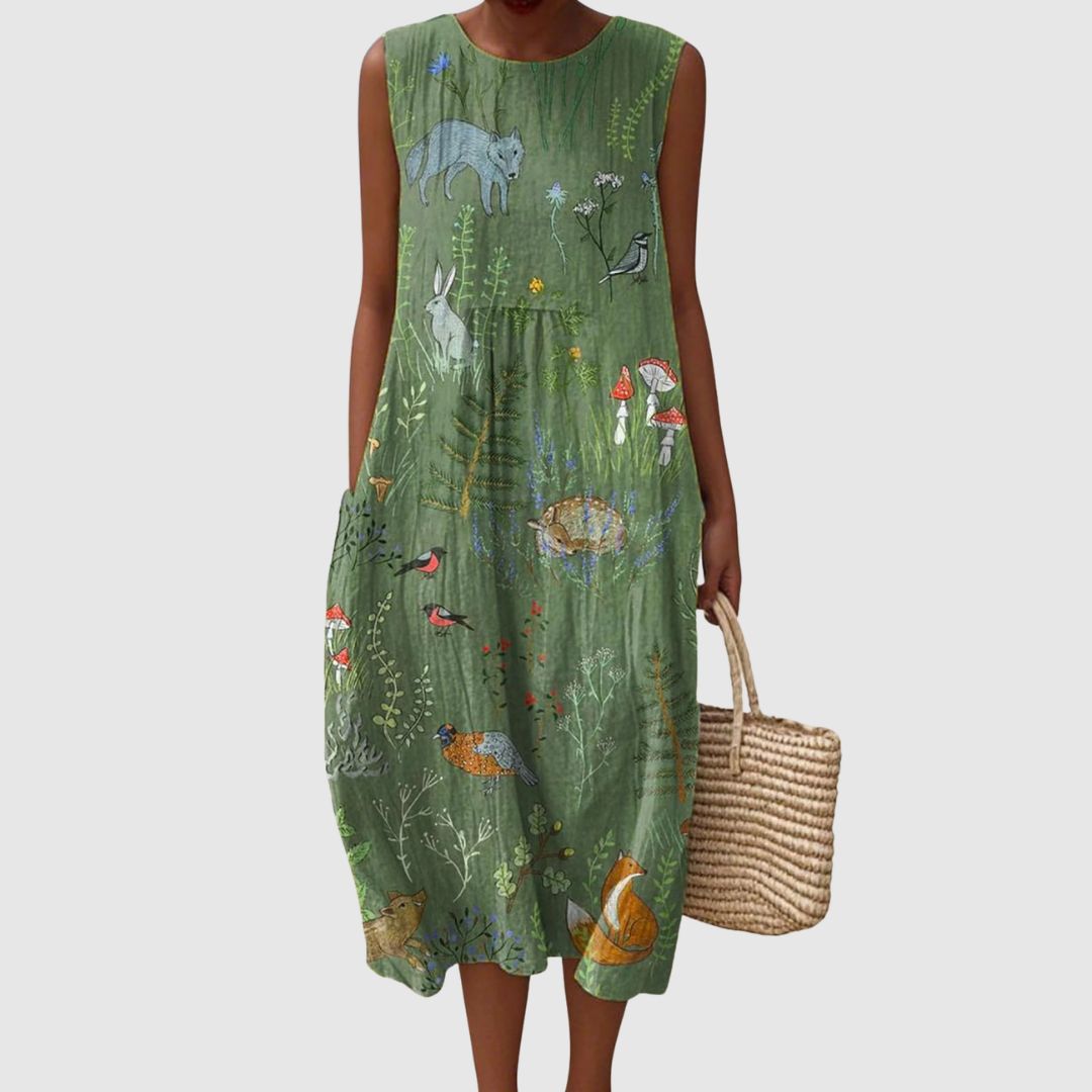 Harriet | Women's Vintage Woodland Animals Pattern Art Print Pocket Wrap Dress