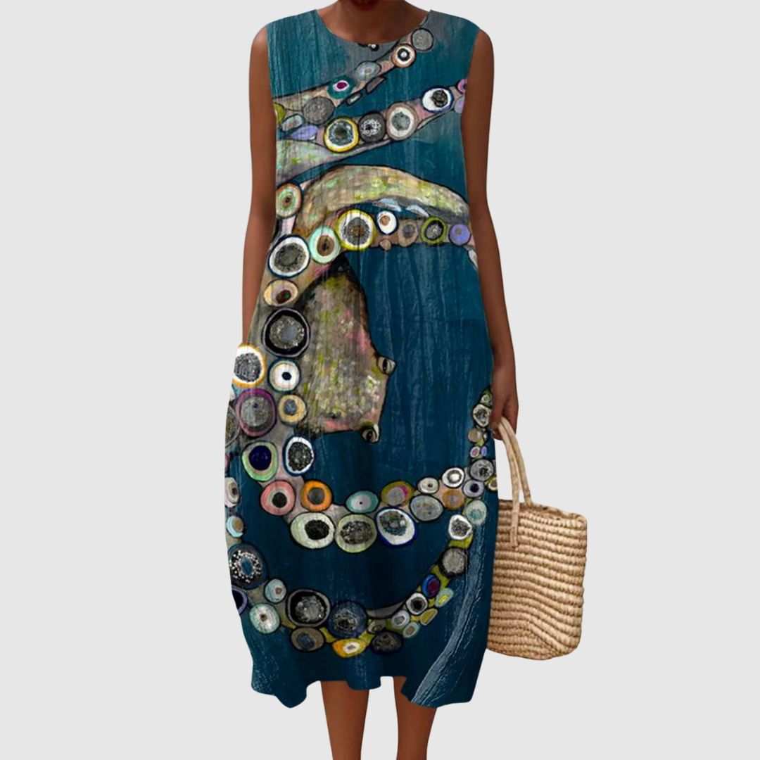 Arabella | Women's Vintage Octopus Art Print Sleeveless Pocket Wrap Dress