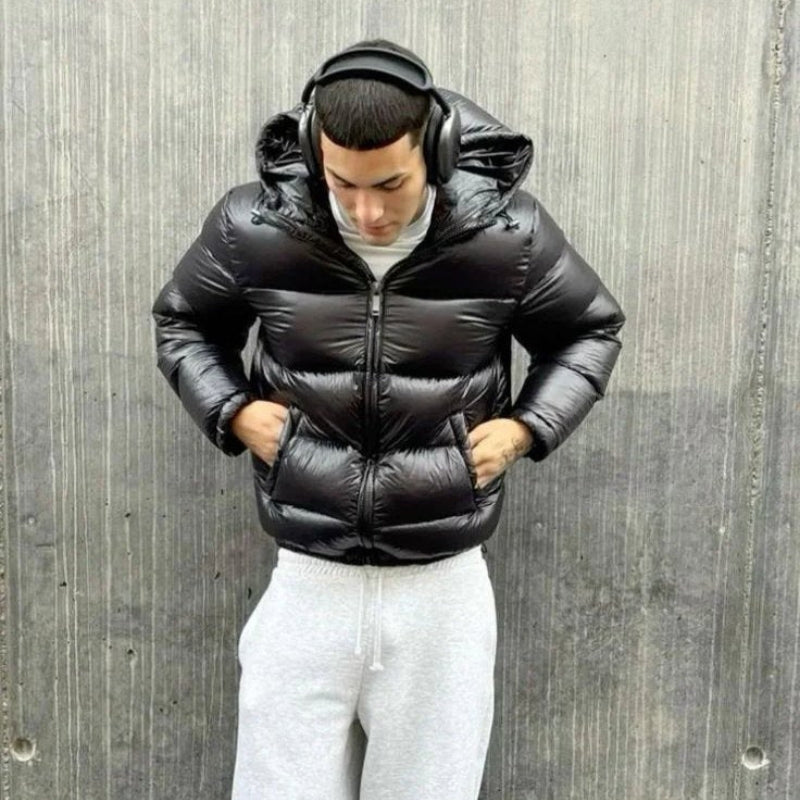 Men's Winter Quilted Puffer Jacket, Hood and Pockets