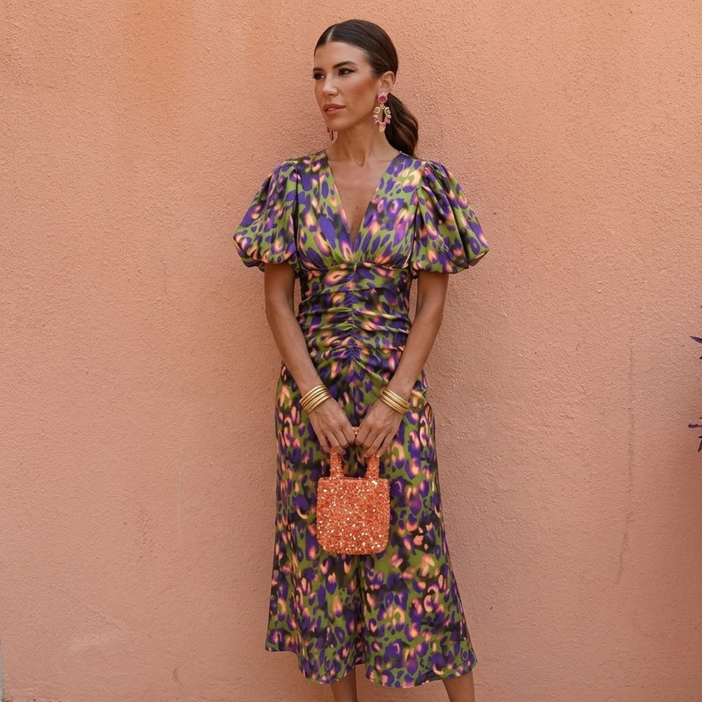 Women's Spring V-Neck Puff-Sleeve Dress