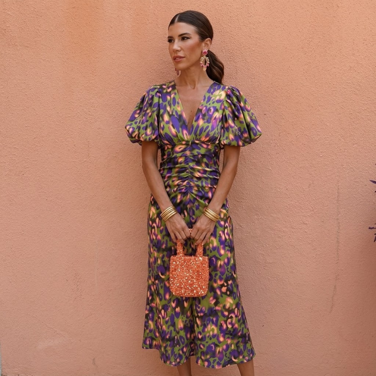 Women's Spring V-Neck Puff-Sleeve Dress