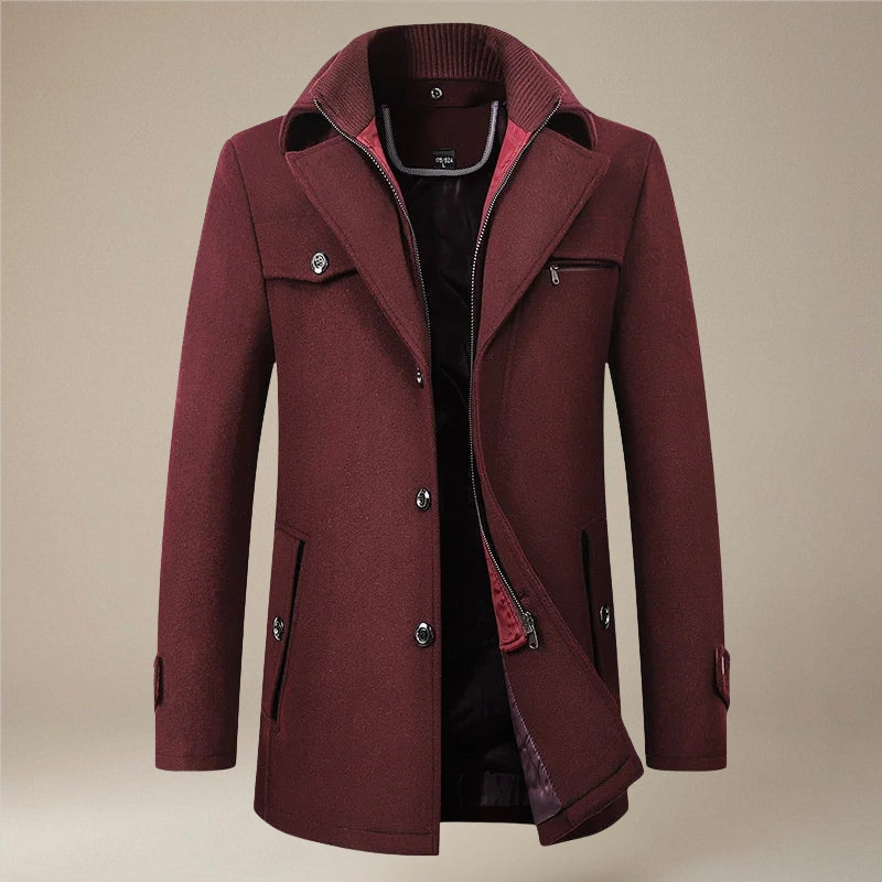 Men's Winter Long Coat, Double Collar and Button Front