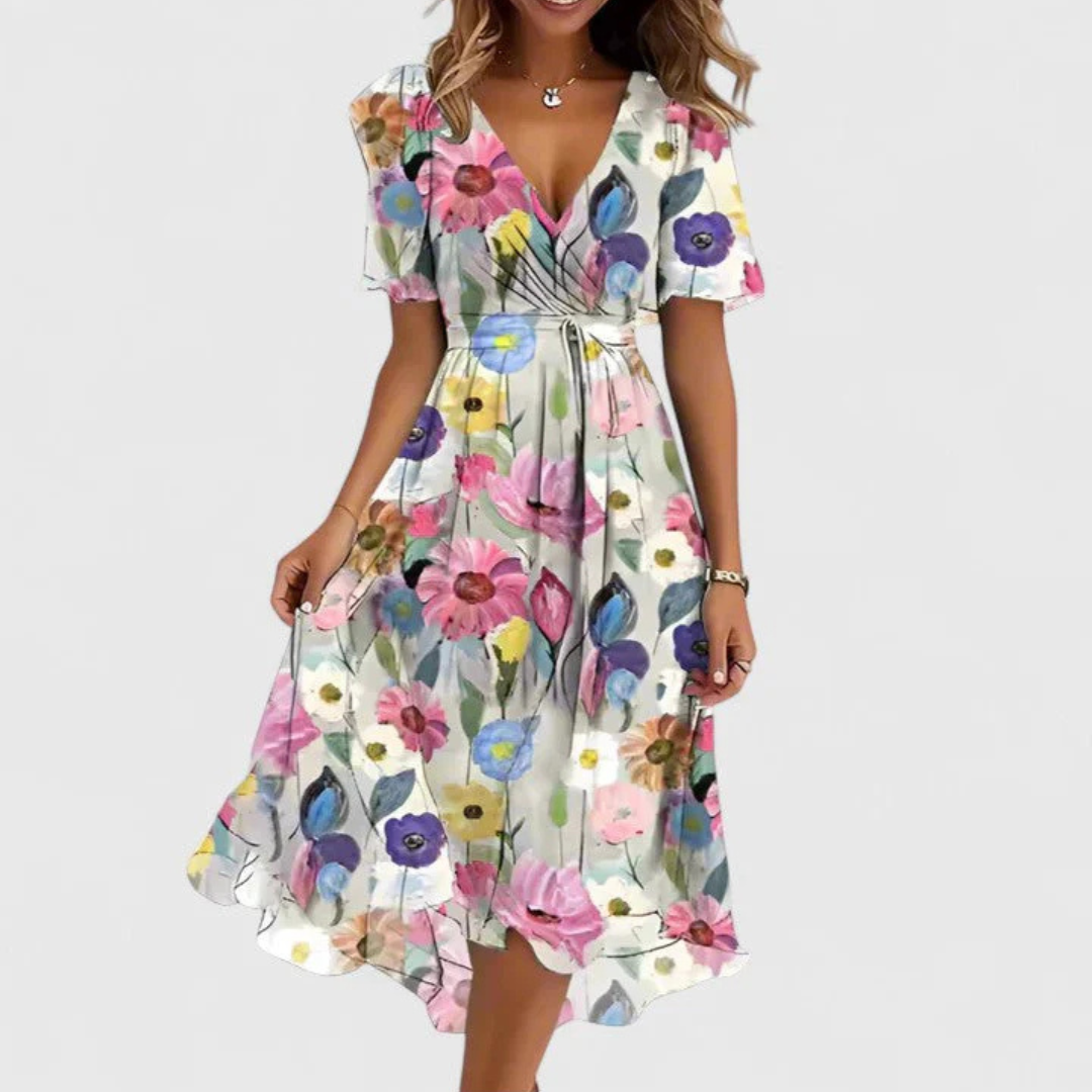 Vestido midi floral con escote en V para mujer