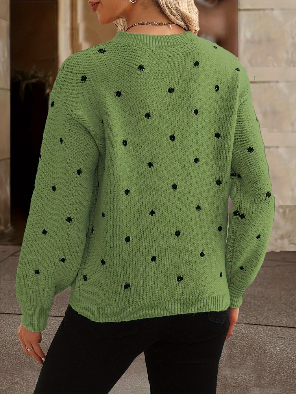 Women's Beige Knitted Sweater with Black Polka Dots