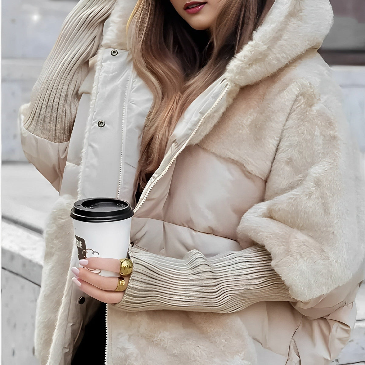 Women's Winter Puffer Jacket, Faux-Fur Panels and Hood