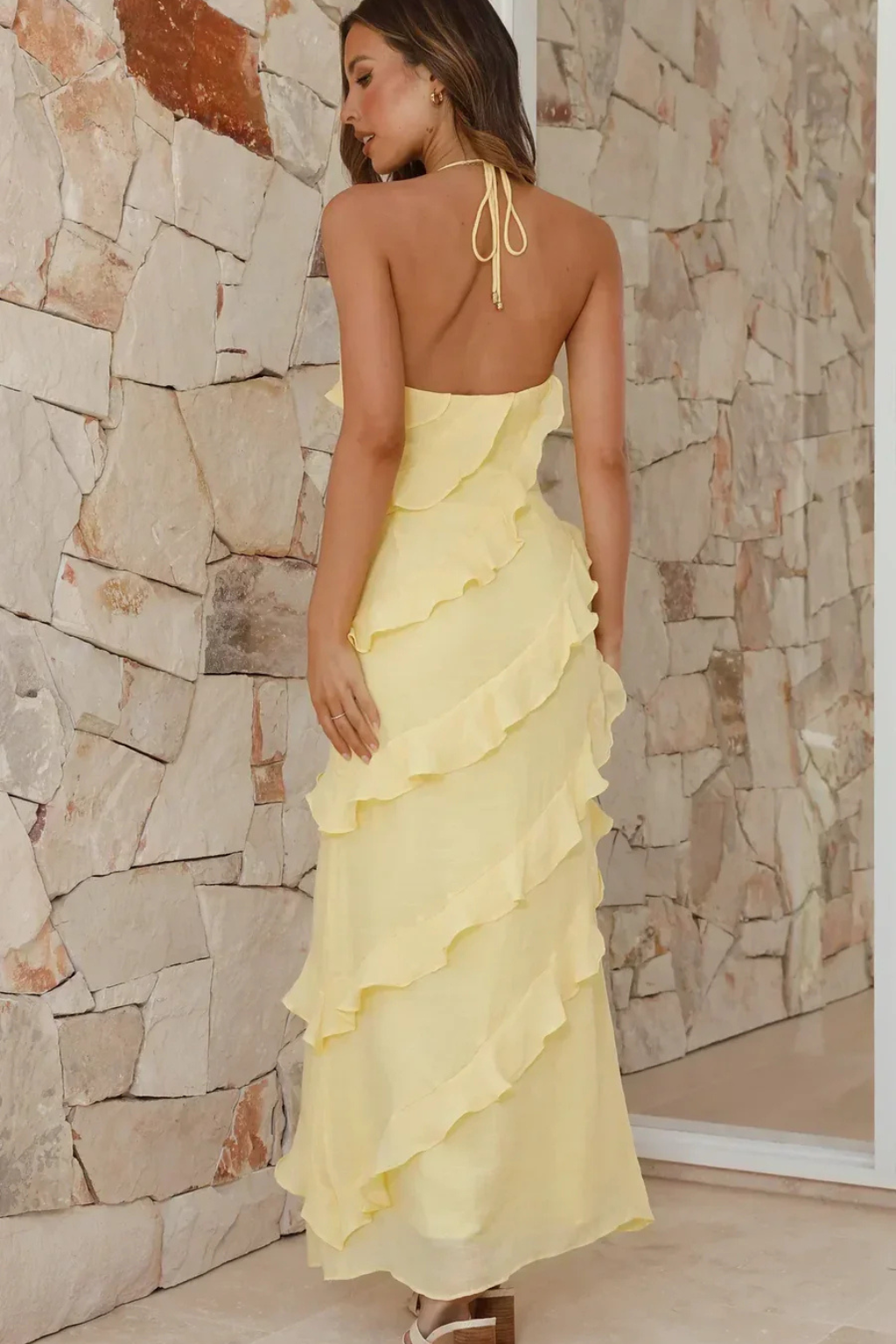 Summer Long Dress for Women with Halter Neckline and Ruffles