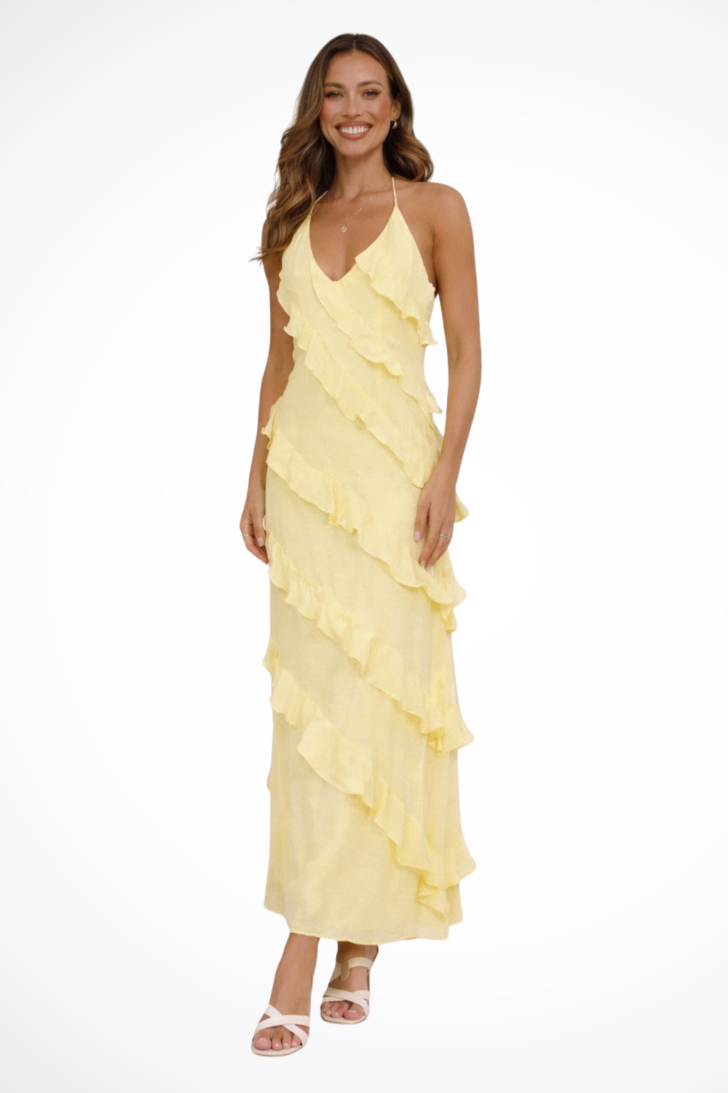 Summer Long Dress for Women with Halter Neckline and Ruffles