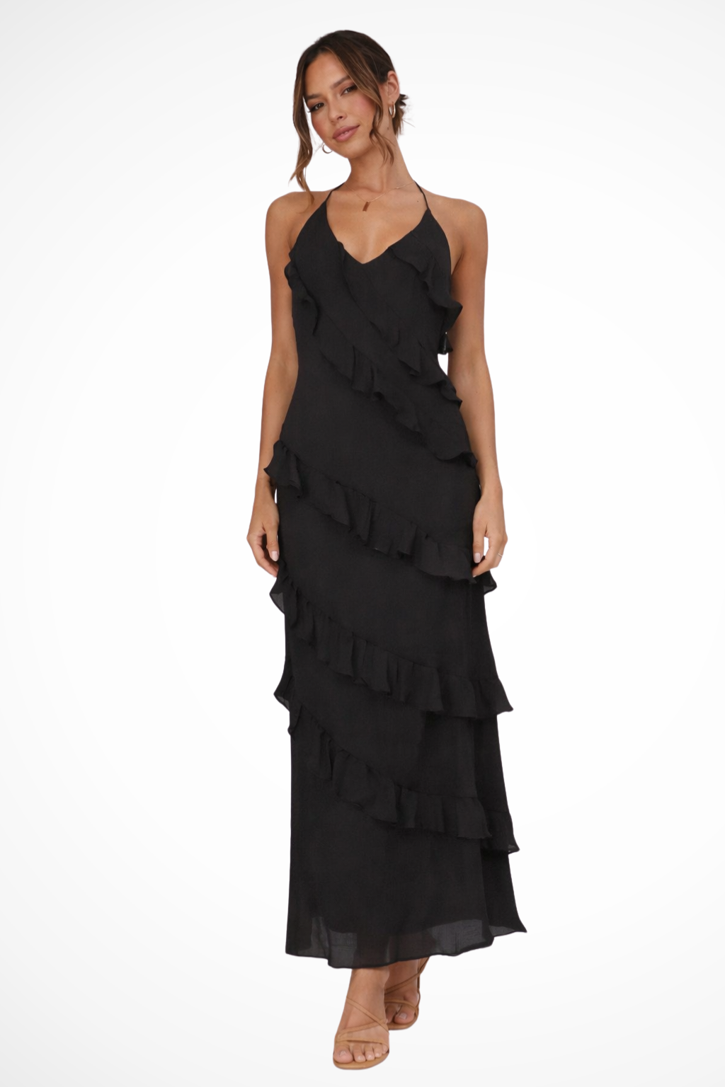 Vestido largo de verano para mujer, con escote halter y volantes
