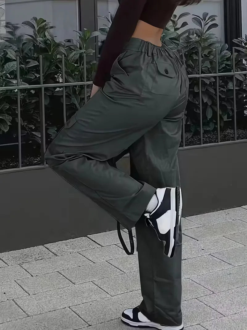 Women's Winter Cargo Pants, High Waist and Button Details