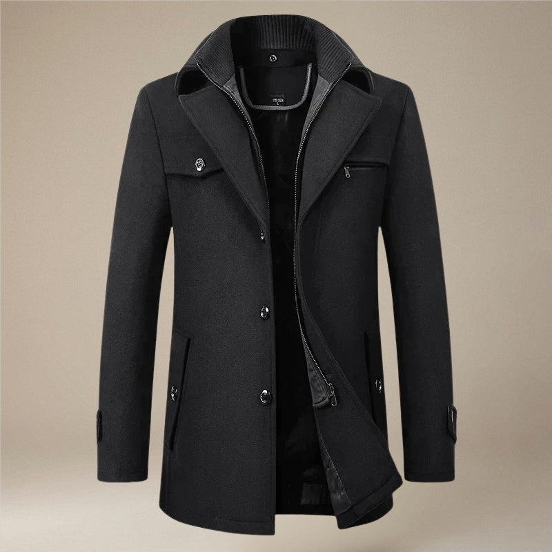 Men's Winter Long Coat, Double Collar and Button Front