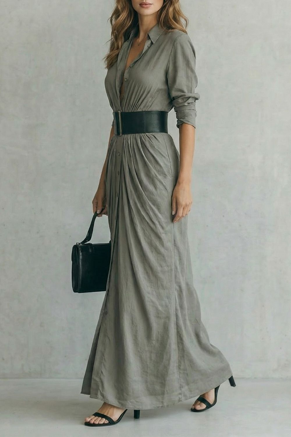 Solenzia – Pleated waist drama – Maxi shirt dress (includes belt)