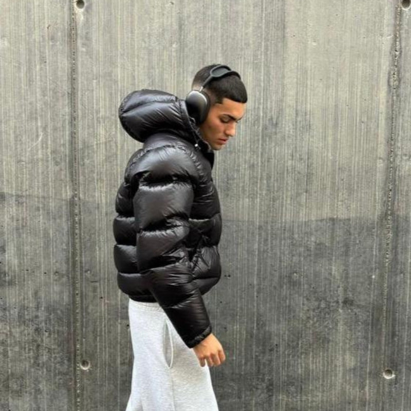 Men's Winter Quilted Puffer Jacket, Hood and Pockets