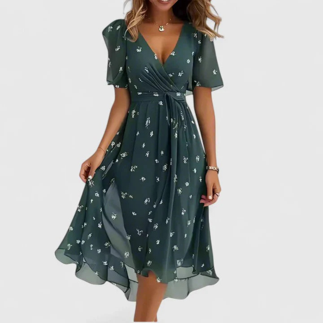 Vestido midi floral con escote en V para mujer