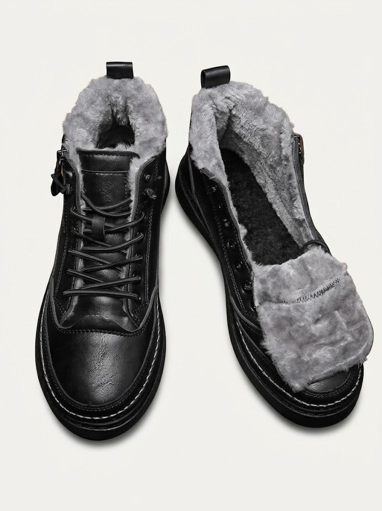 Men's Winter Leather Ankle Boots, Fur Lined and Lace-Up