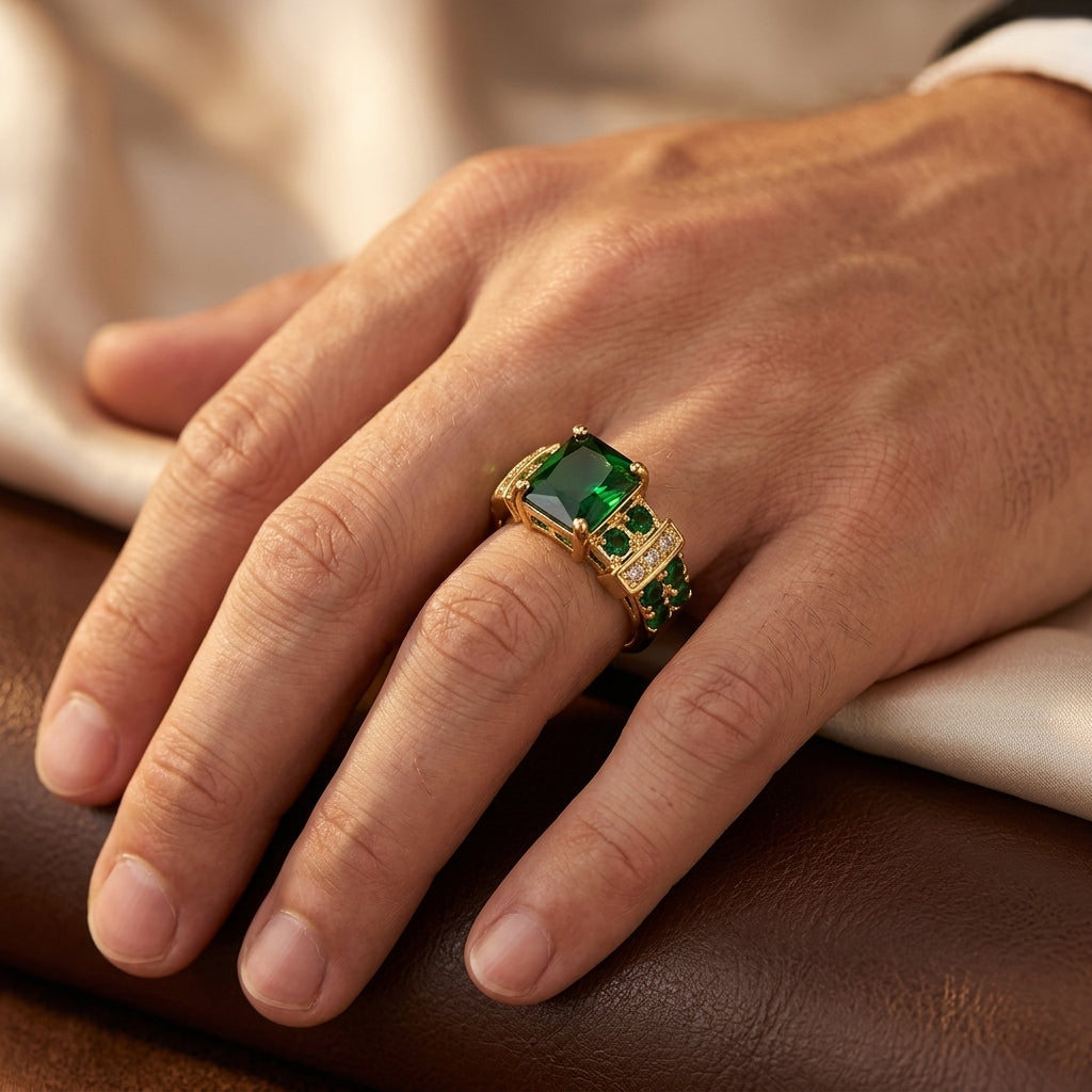 Gold Emerald Geometric Ring