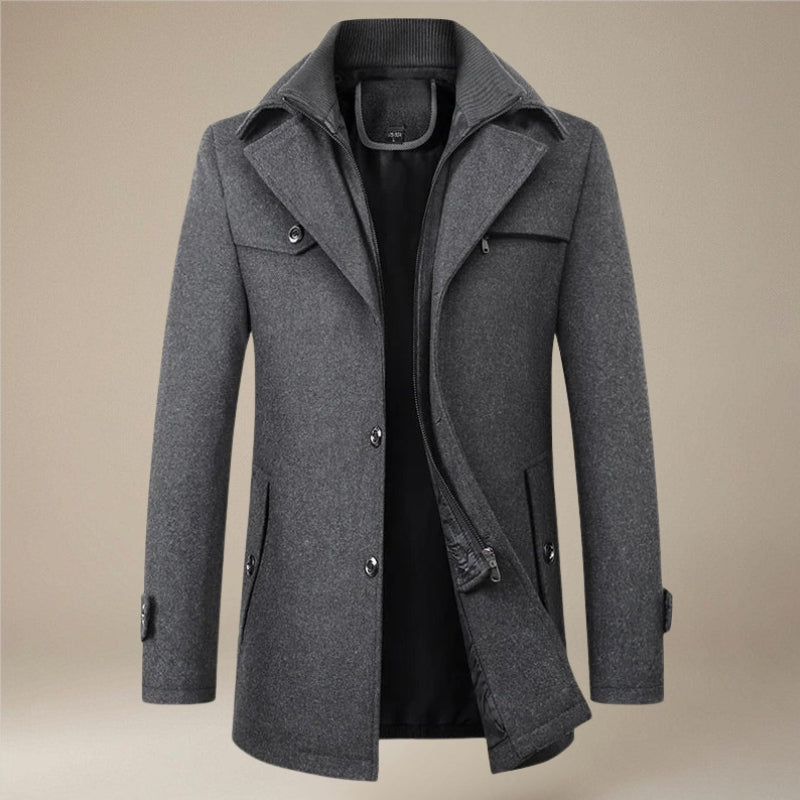 Men's Winter Long Coat, Double Collar and Button Front
