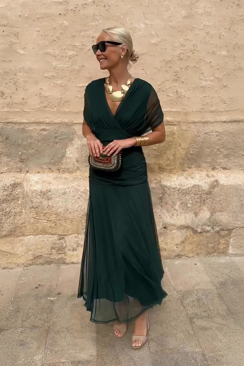 Abito lungo da donna con scollo plissettato incrociato e tessuto fluido