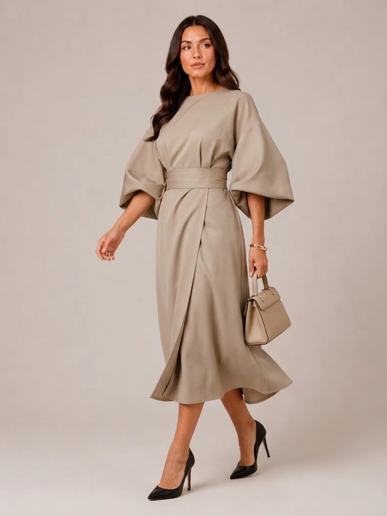 Women's Fitted Maxi Dress with Lace-Up Waist and Three-Quarter Sleeves