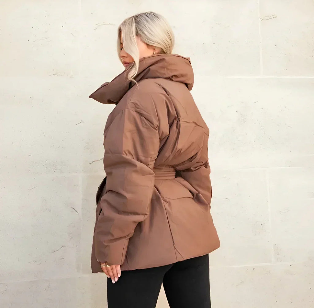 Women's Winter Puffer Jacket, Belted and High Collar
