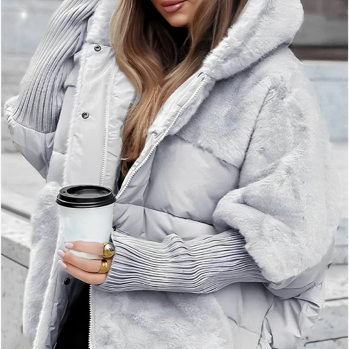 Women's Winter Puffer Jacket, Faux-Fur Panels and Hood