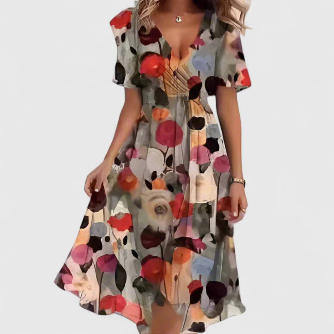 Vestido midi floral con escote en V para mujer