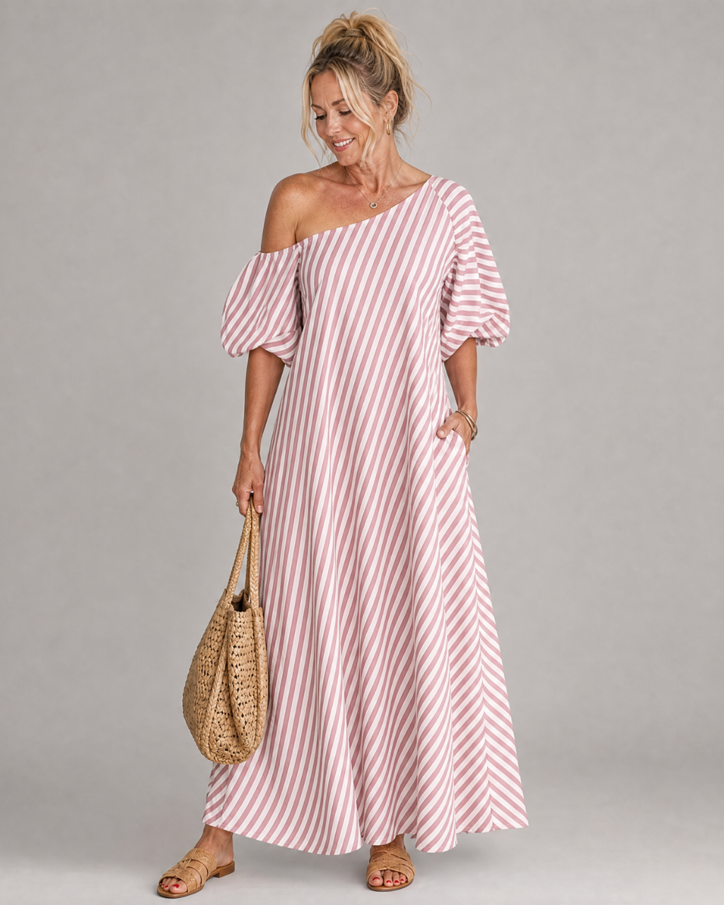 Zamrina | Striped Off Shoulder Puff Sleeve Midi Dress