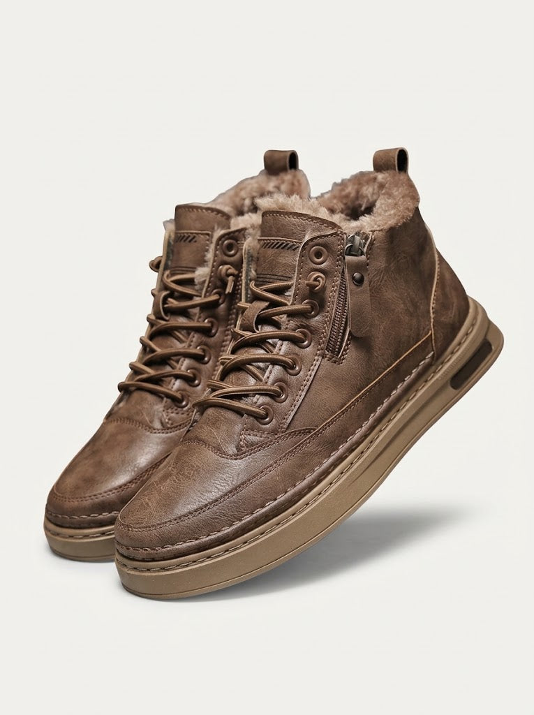 Men's Winter Leather Ankle Boots, Fur Lined and Lace-Up