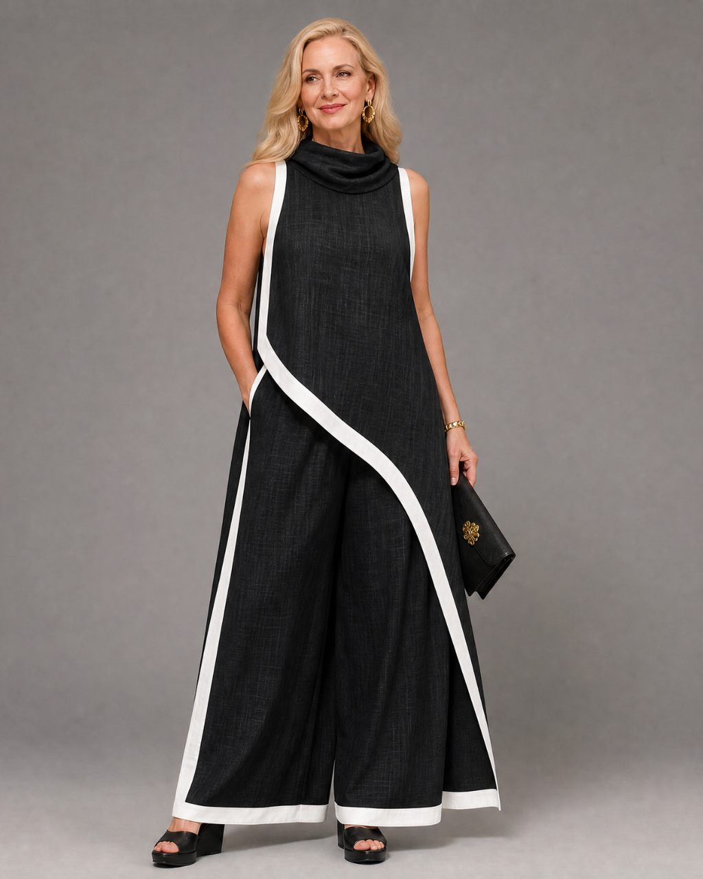 Valthera | Contrast Trim Sleeveless Layered Top And Wide Leg Pants Set
