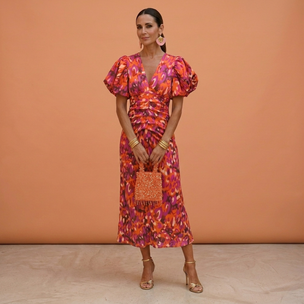 Women's Spring V-Neck Puff-Sleeve Dress