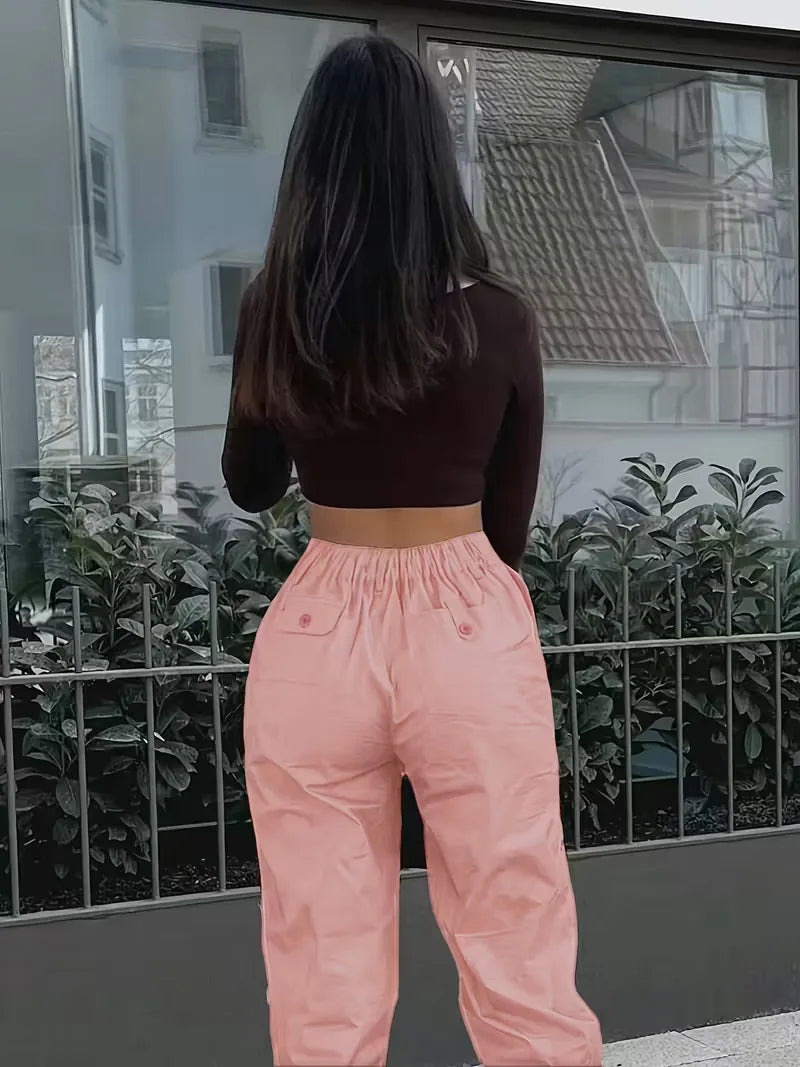 Women's Winter Cargo Pants, High Waist and Button Details