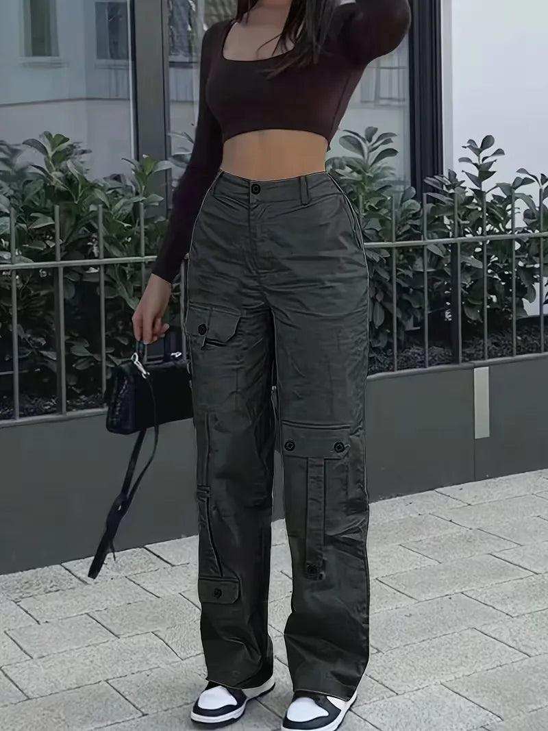 Women's Winter Cargo Pants, High Waist and Button Details