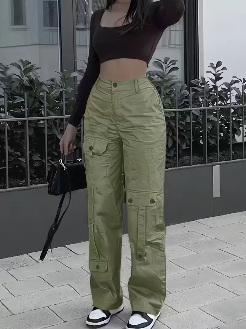 Women's Winter Cargo Pants, High Waist and Button Details