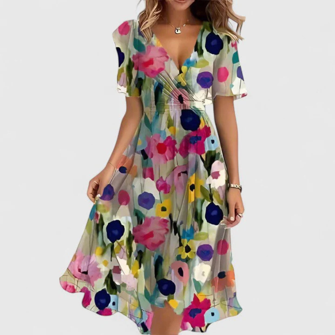 Vestido midi floral con escote en V para mujer