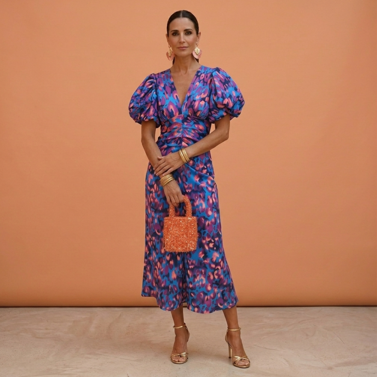 Women's Spring V-Neck Puff-Sleeve Dress