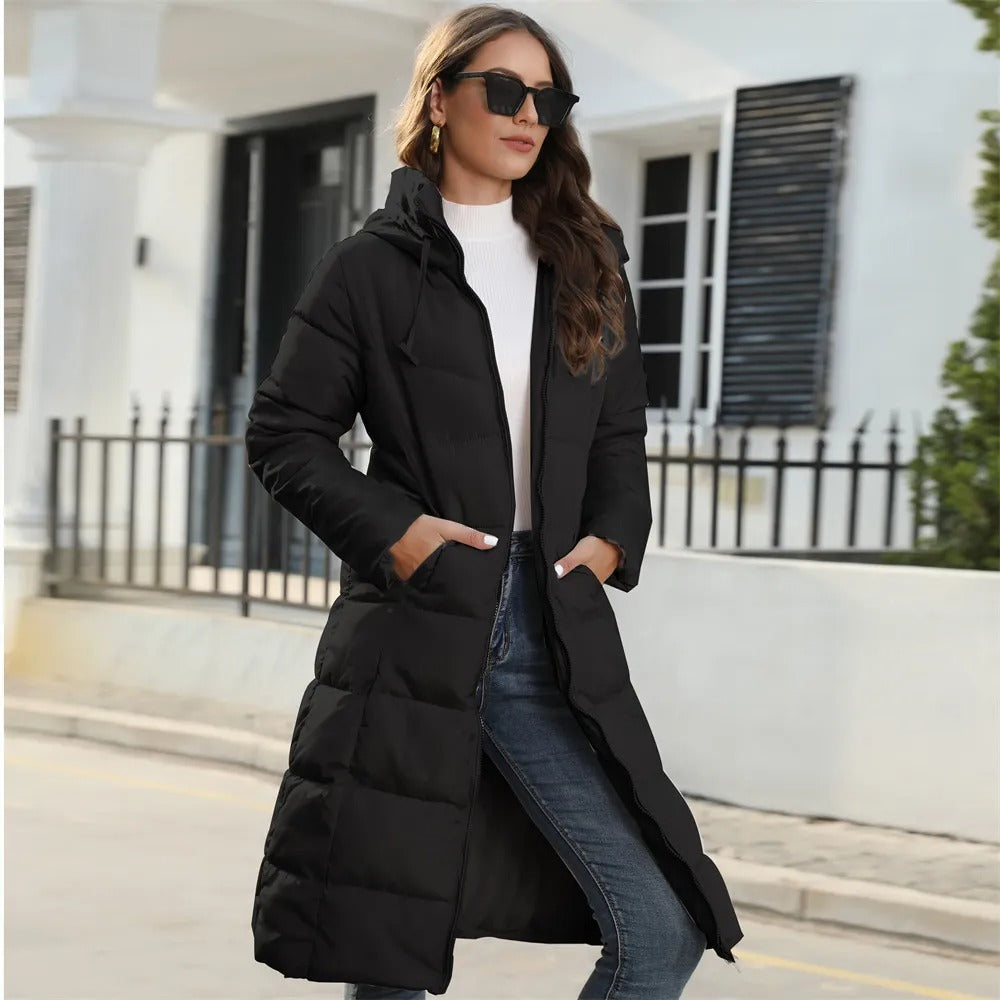 Women's Winter Puffer Coat, Quilted Hooded Longline