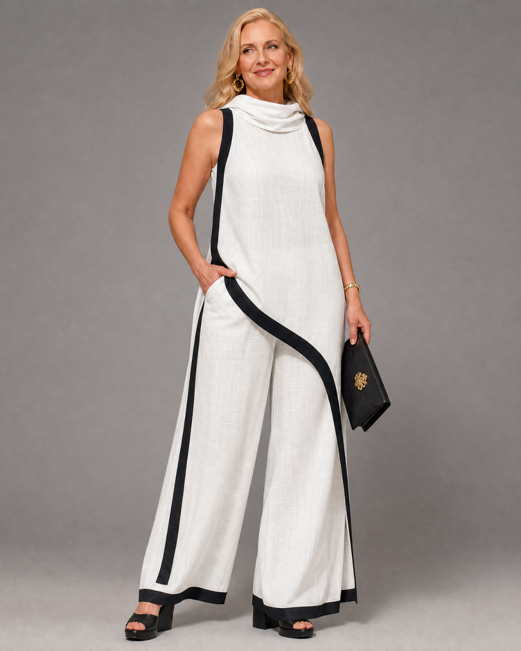 Valthera | Contrast Trim Sleeveless Layered Top And Wide Leg Pants Set