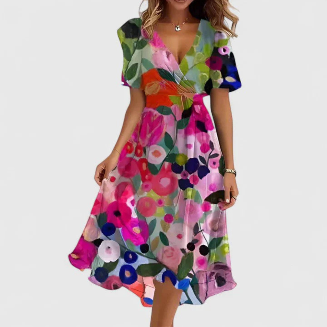 Vestido midi floral con escote en V para mujer