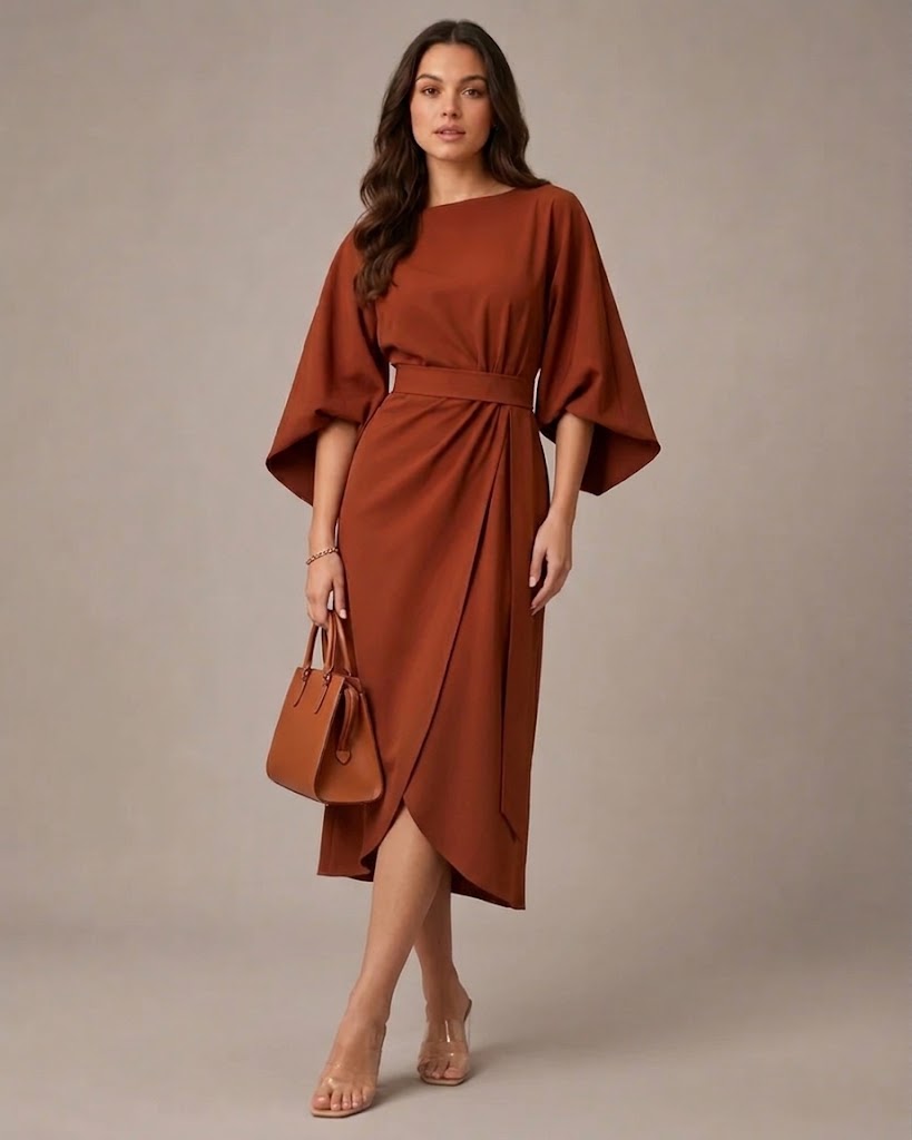 Women's Fitted Maxi Dress with Lace-Up Waist and Three-Quarter Sleeves