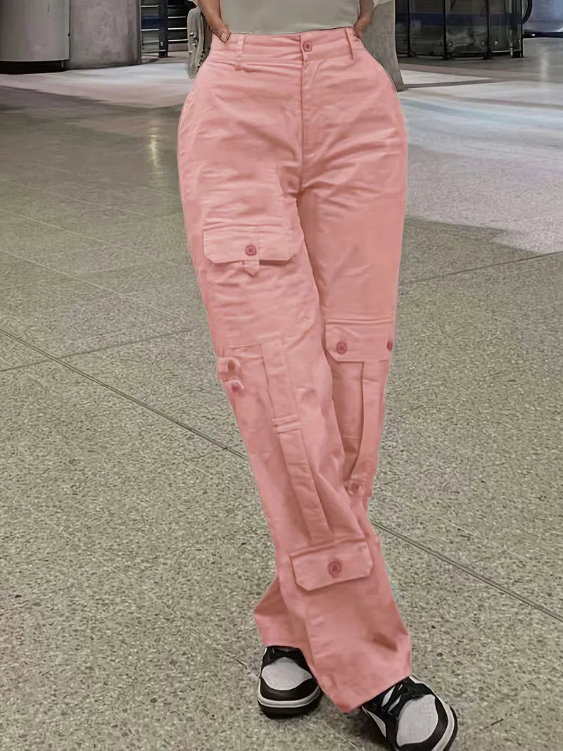 Women's Winter Cargo Pants, High Waist and Button Details