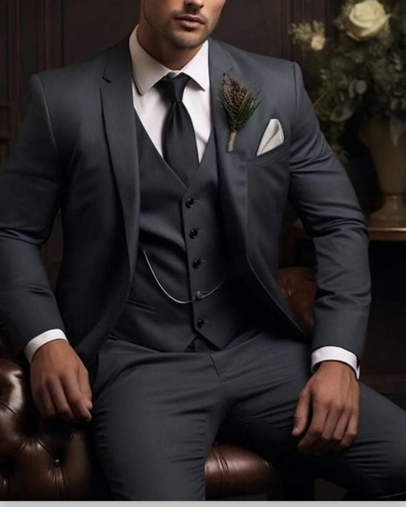 Miesten liivillinen 3-osainen puku, slim fit