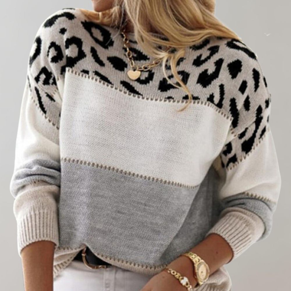 Maglione da donna morbido, a blocchi di colore e stampa leopardata