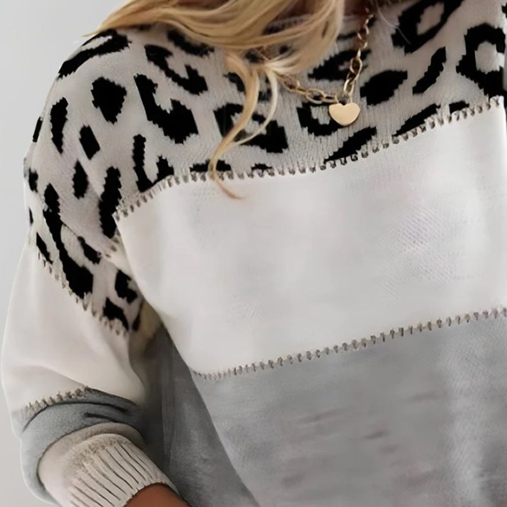 Maglione da donna morbido, a blocchi di colore e stampa leopardata