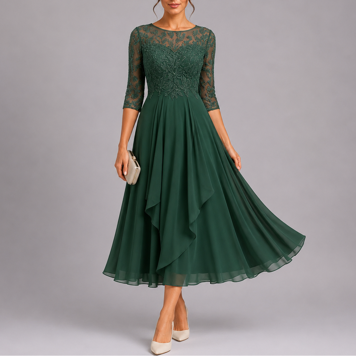 Vestido midi de encaje bordado para mujer | Invitada de boda